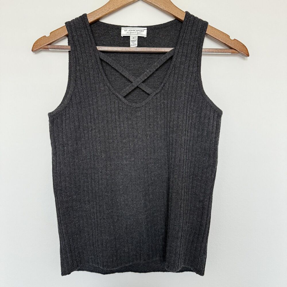 St John Sport Sweater Womens Sz P Wool Knit Tank Top Sleeveless Criss Cross